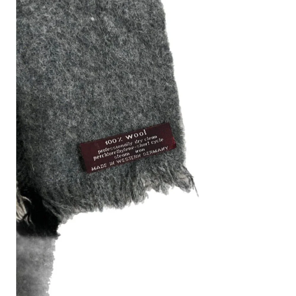 Western Germany 100% Wool Vintage Plaid Neutral Gray Black Scarf